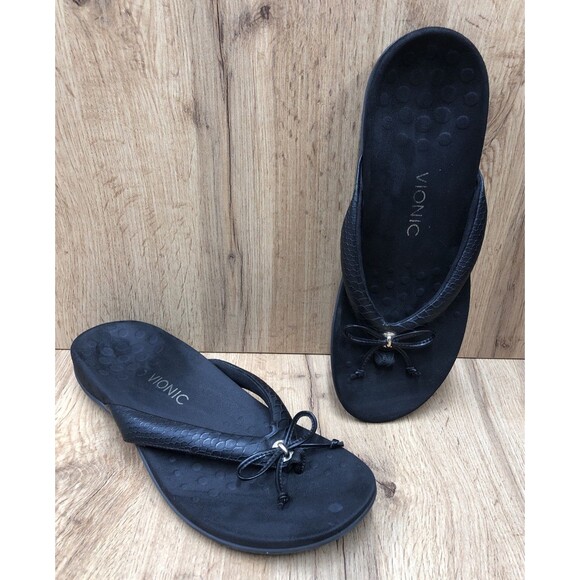 Vionic Women's Cassie Sandals Size 11 Black Thong Bow Leather Vacationcore - Picture 1 of 15